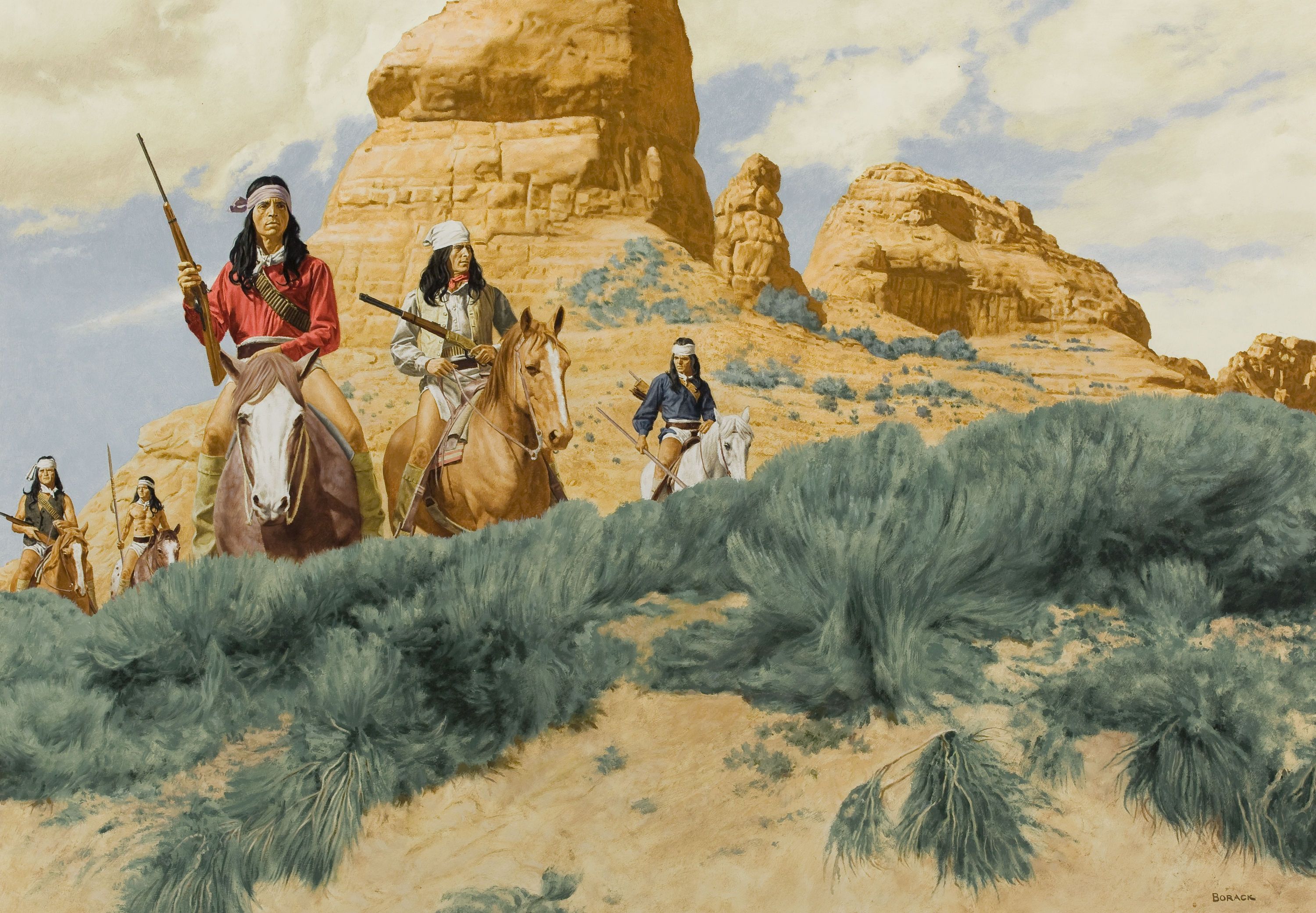 Drawing Horses Riders Guns Native American Western Painting Wallpaper