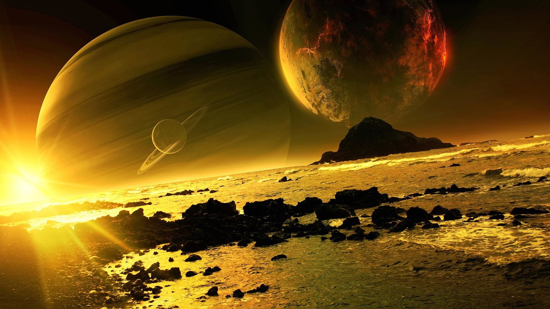 Golden alien beach with two large planets in the sky, one ringed and one fiery red, fantasy digital art