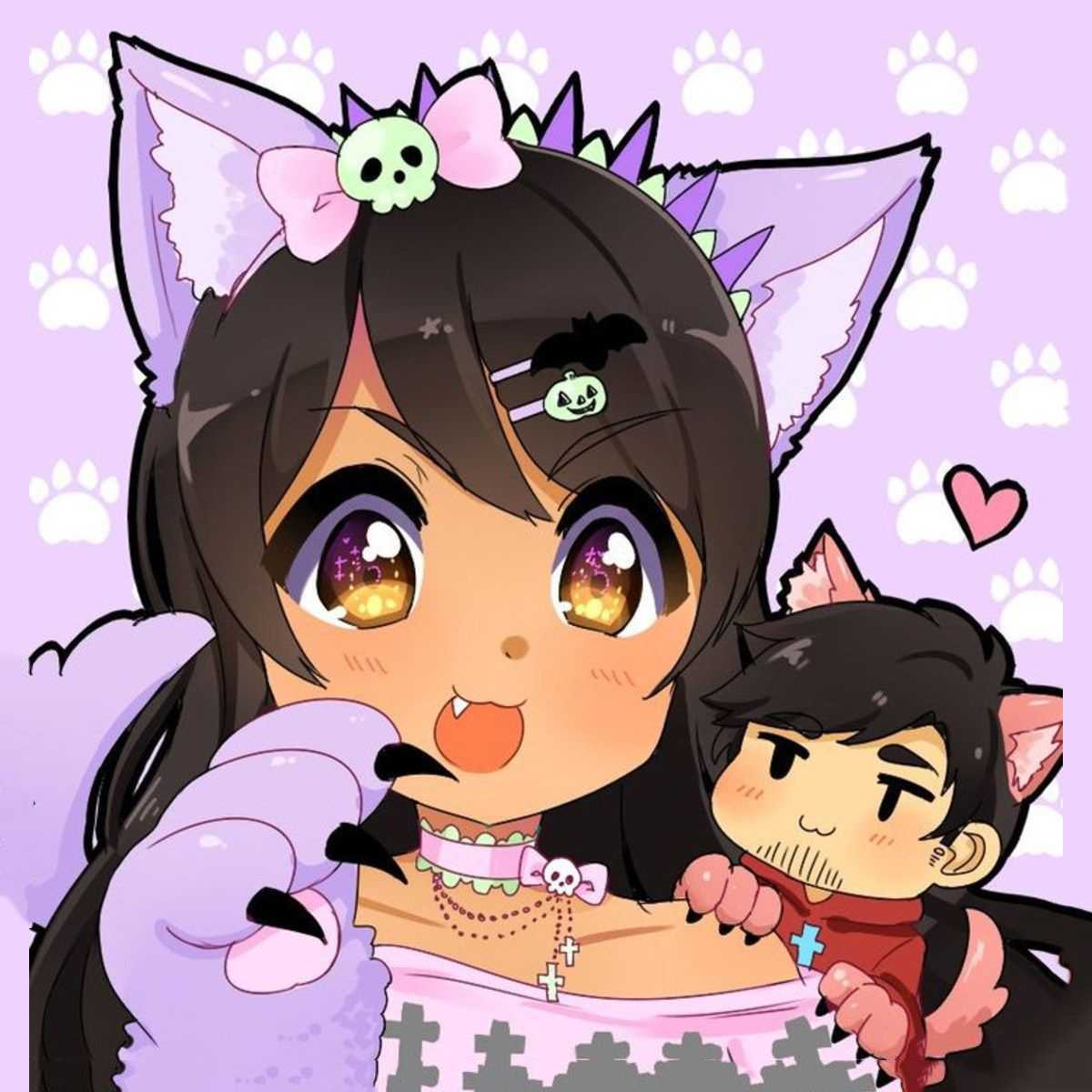 A stylized anime-style portrait of Aphmau, featuring exaggerated cute features and Halloween-themed accessories