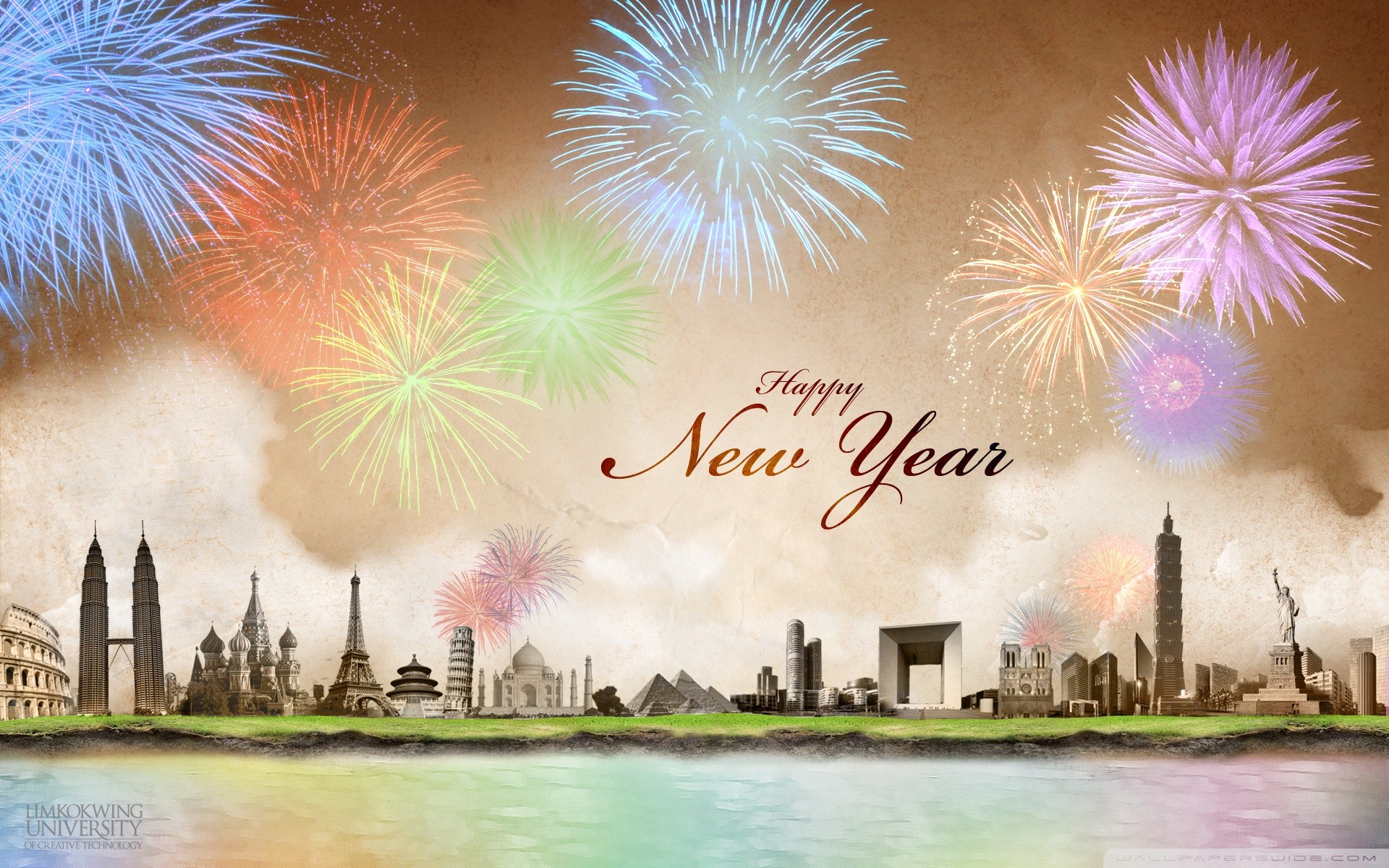 Fireworks explode over world landmarks in a Happy New Year celebration