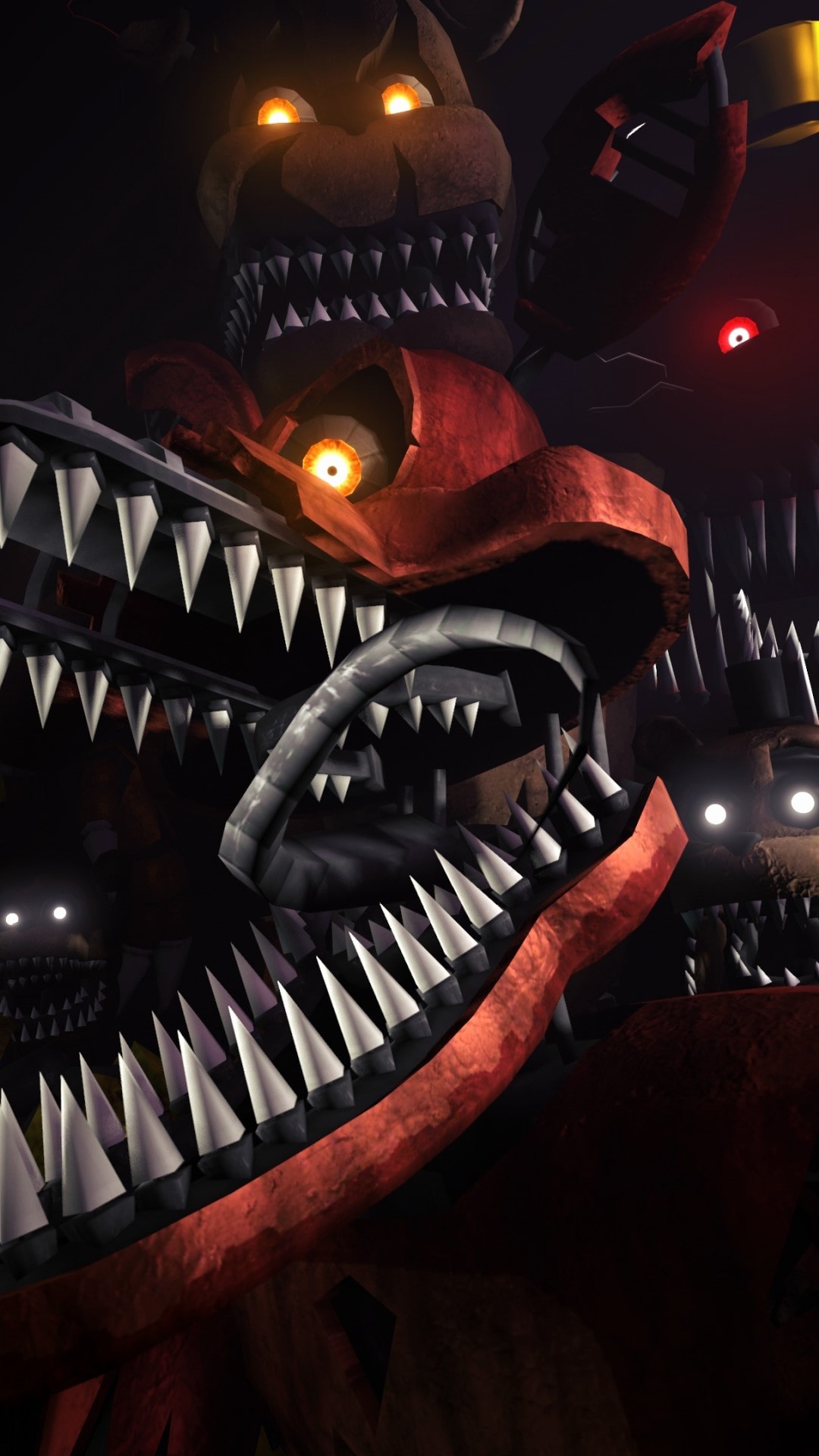 Close-up of Nightmare Foxy and other animatronics from Five Nights at Freddy's 4, showcasing sharp teeth and glowing eyes in a dark, menacing atmosphere