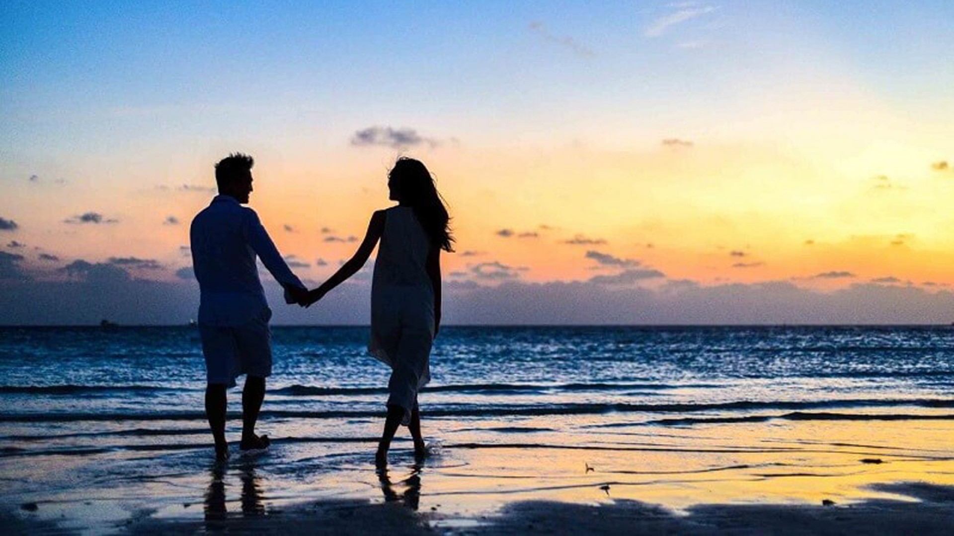 Couple Is Walking On Beach Sand In Silhouette Background HD Wallpaper