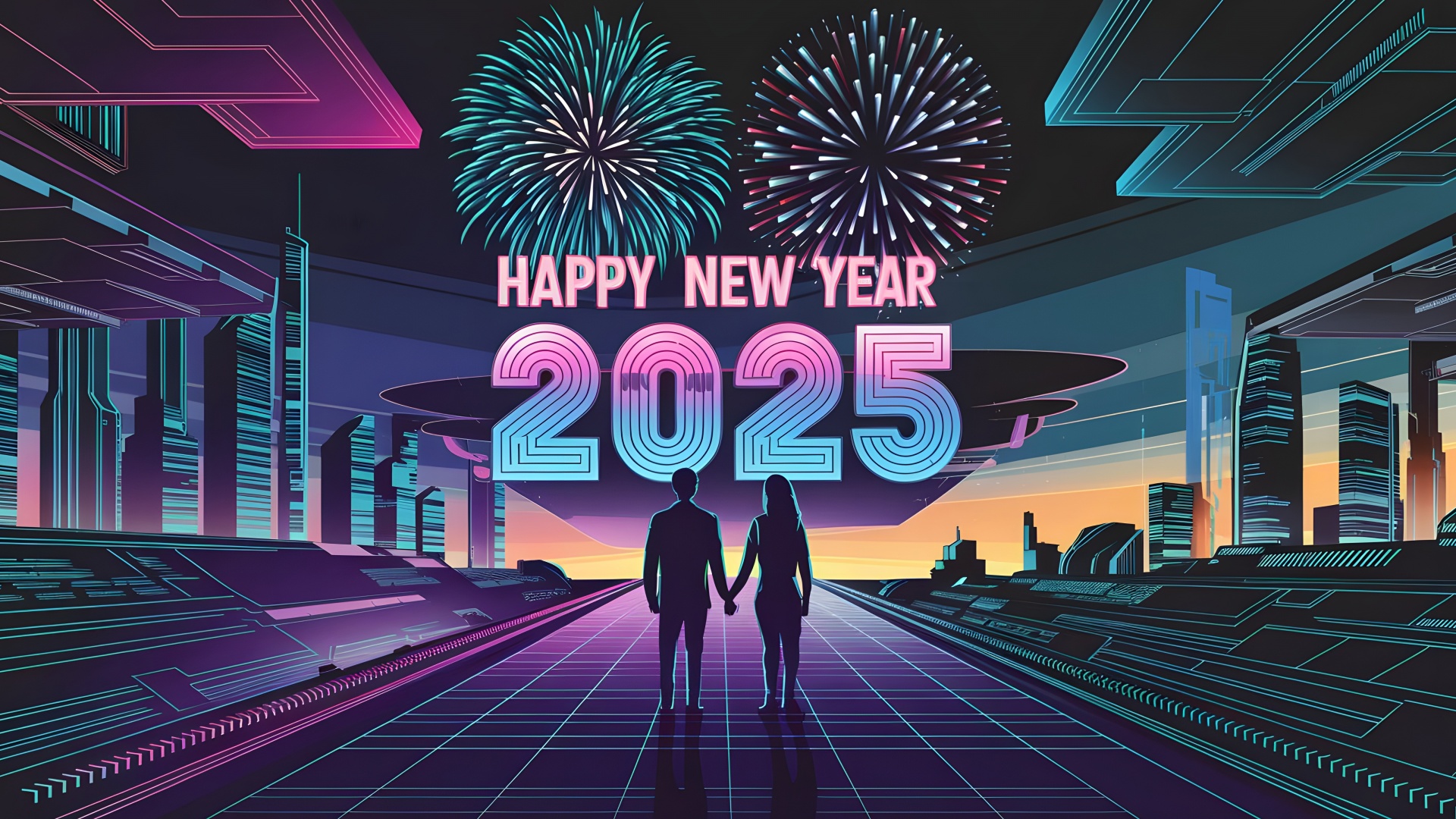 Futuristic New Year 2025 wallpaper with a couple holding hands and fireworks exploding over a neon cityscape
