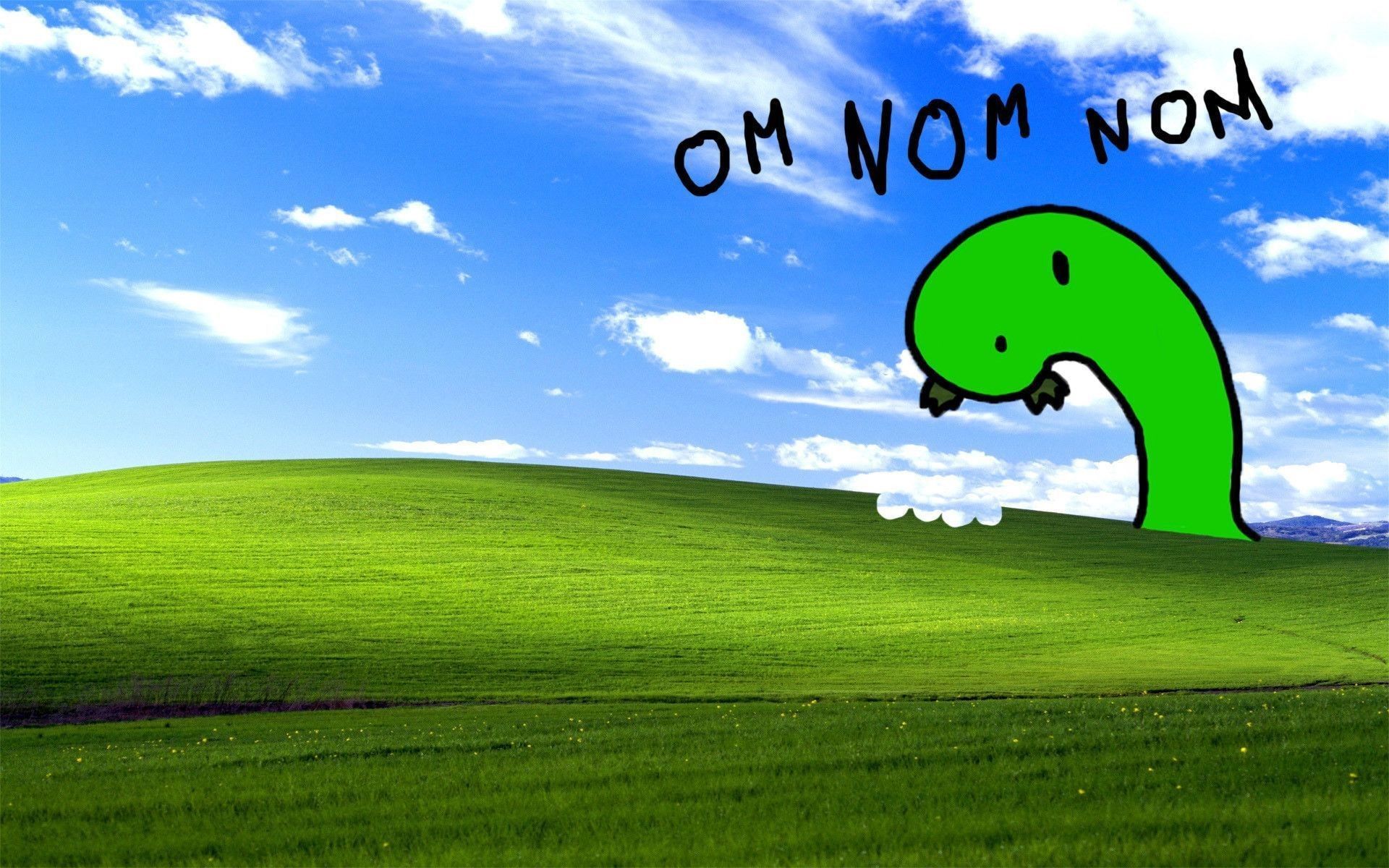 A whimsical take on the classic Windows XP Bliss wallpaper, featuring a cartoon dinosaur nibbling on the iconic green hill