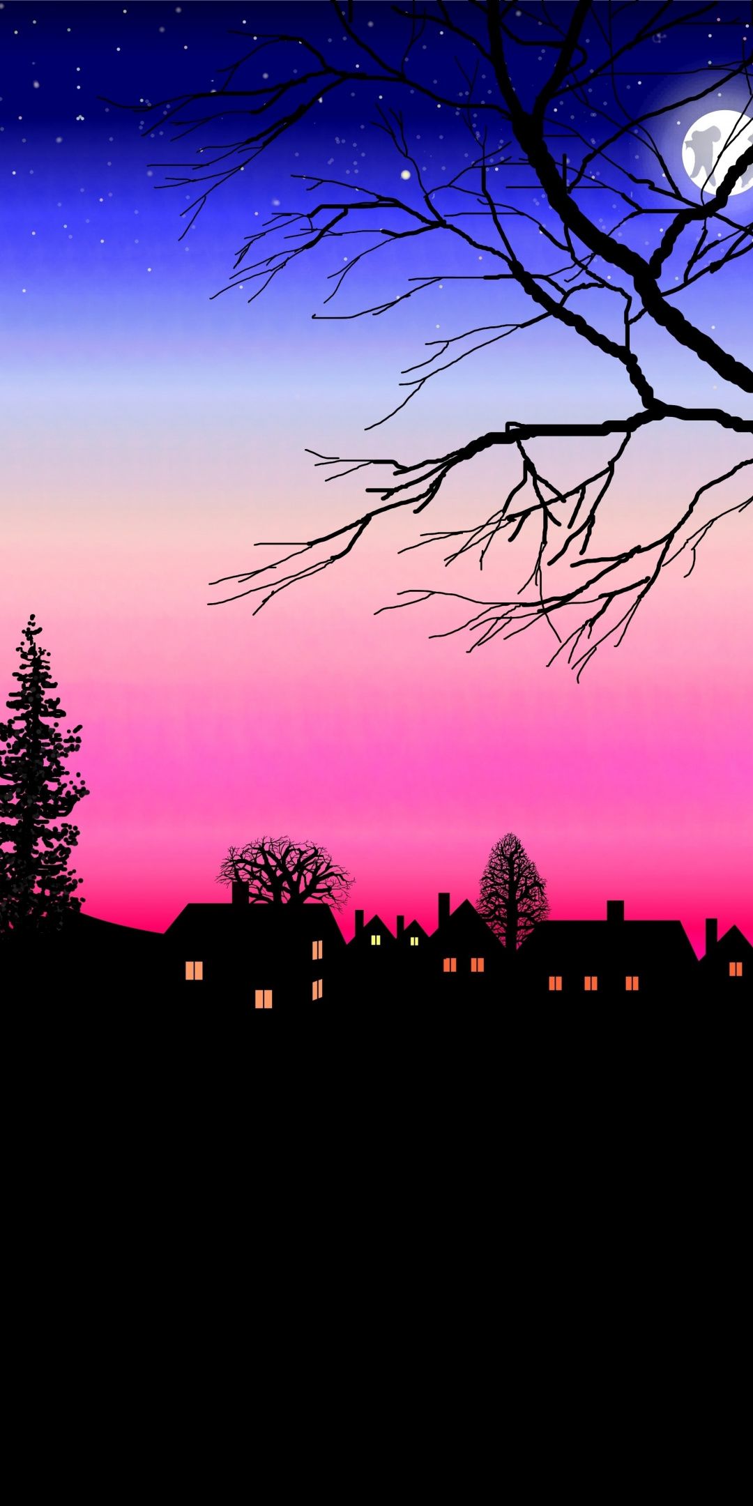 Afterglow Night Silhouette House Tree Wallpaper