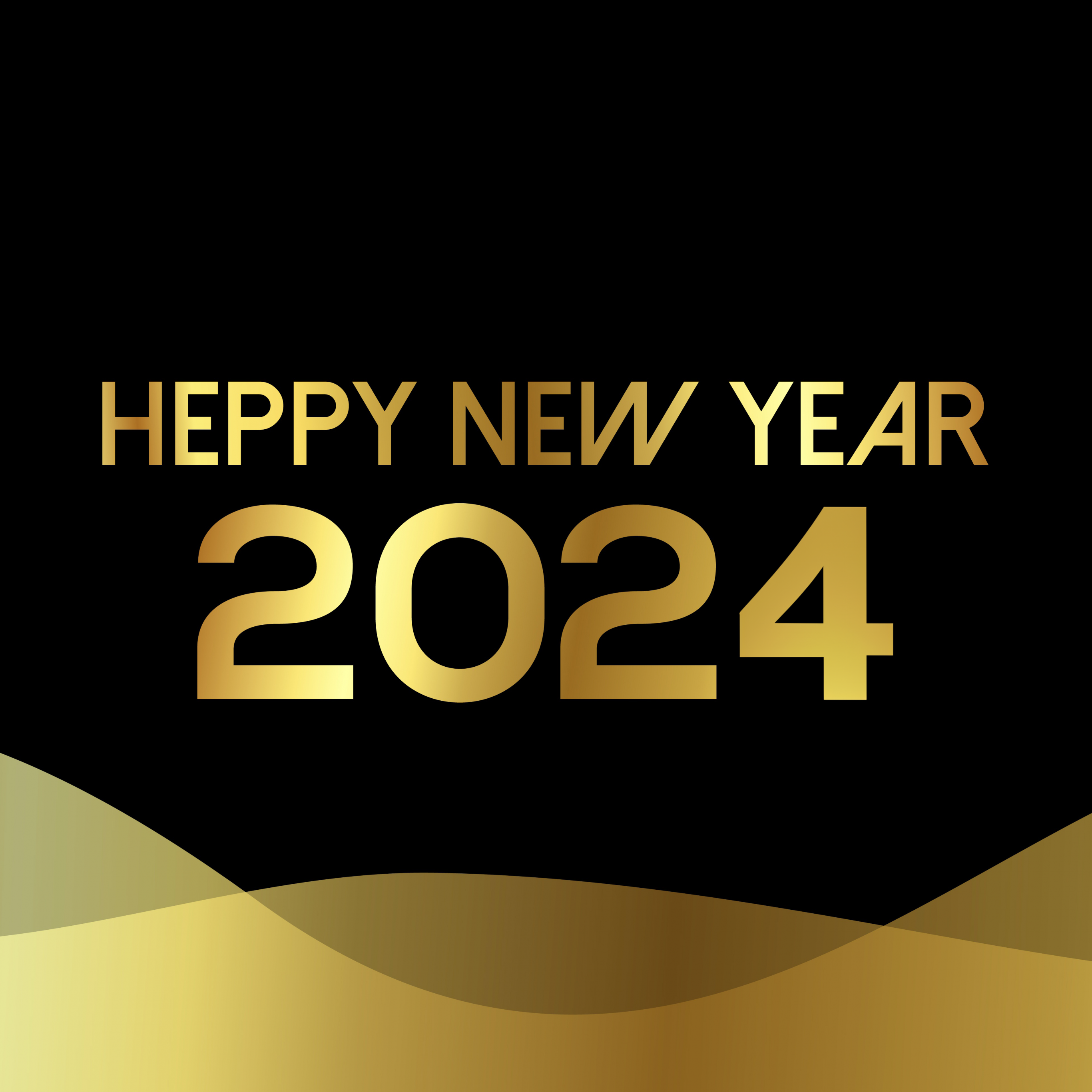 A stylish gold-on-black Happy New Year 2024 image with flowing golden waves at the bottom. Perfect for a modern and elegant new year greeting