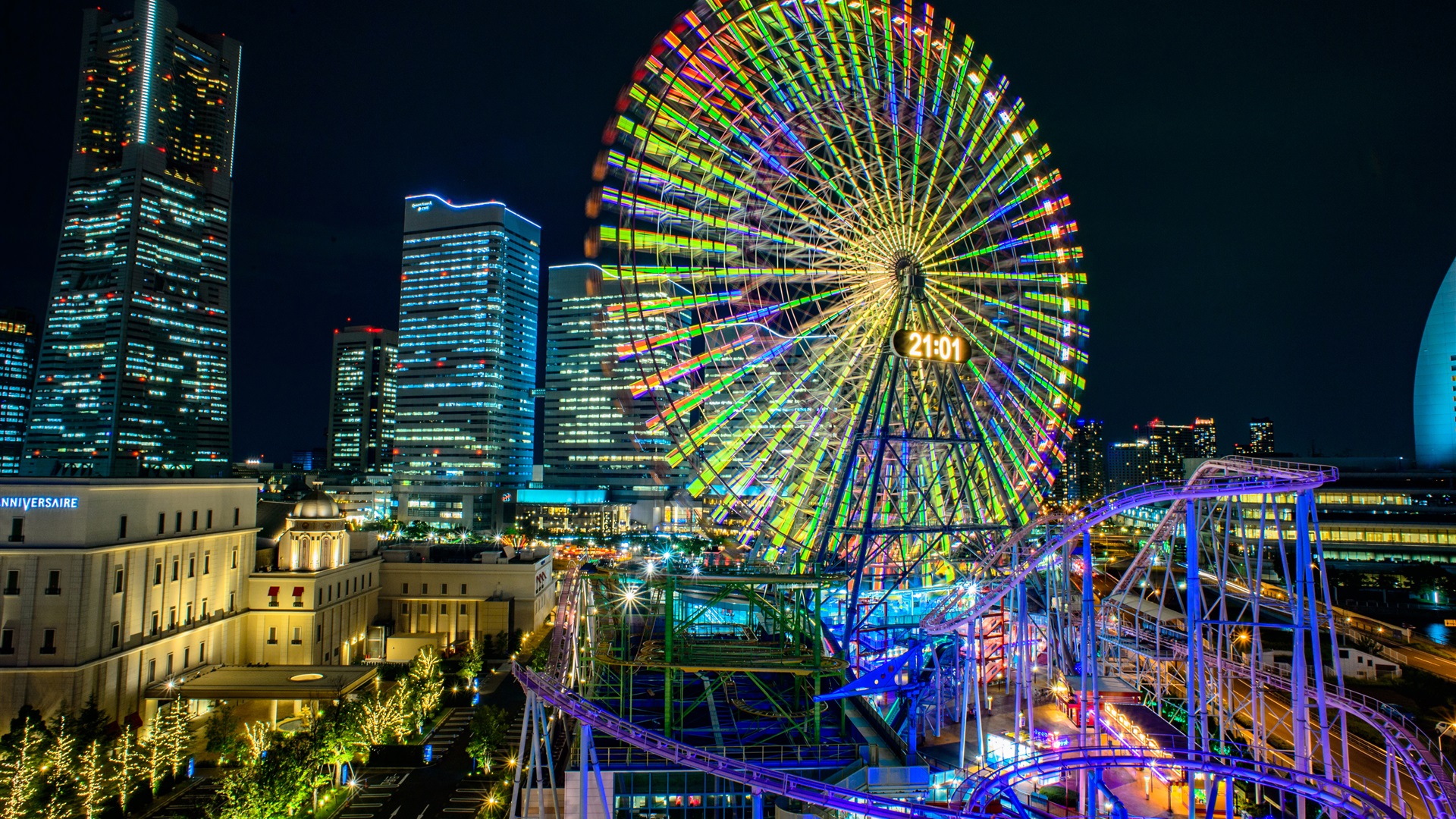 Wallpaper Ferris Wheel Roller Coaster Lights City Night UHD 4k Picture Image