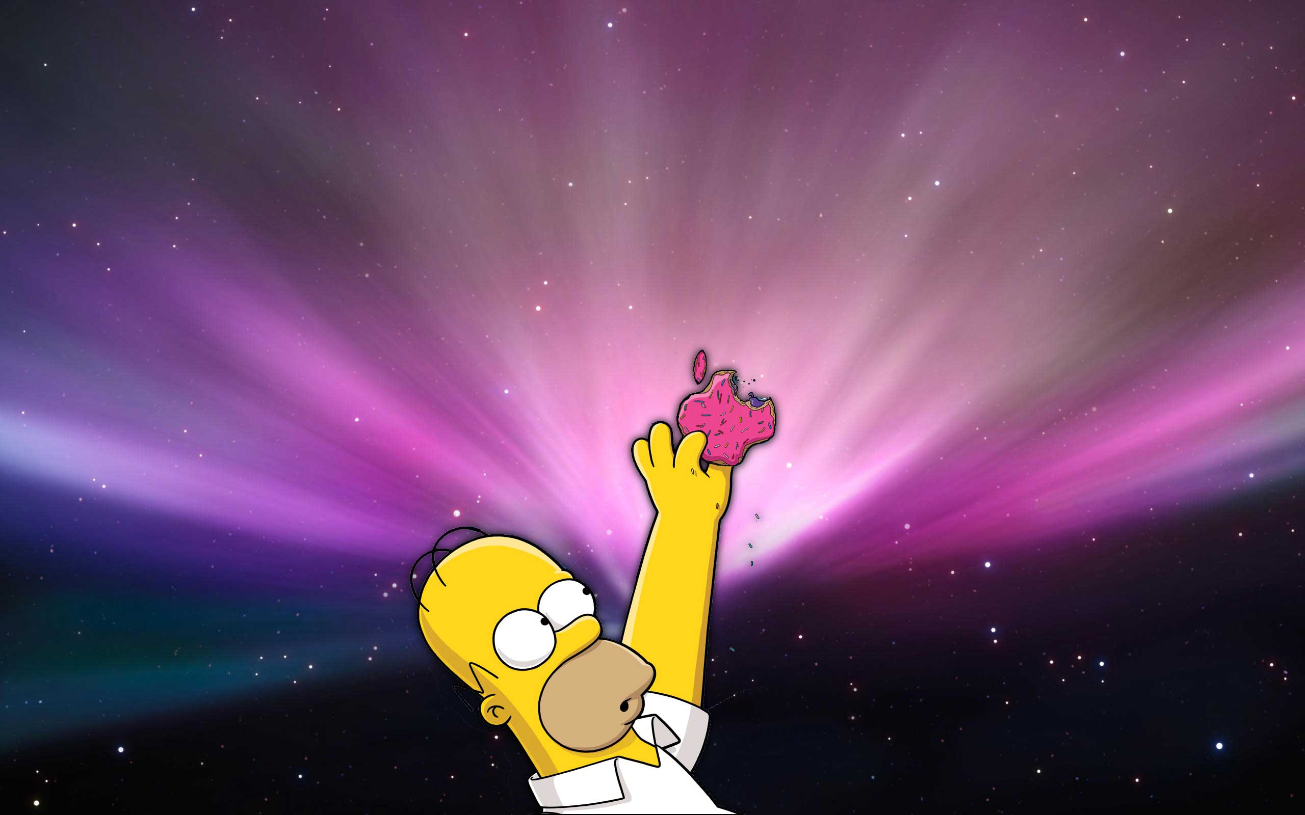 Homer Simpson reaching for a pink donut-shaped Apple logo against a backdrop of the Aurora Borealis, a humorous take on Apple and Mac OS X wallpapers