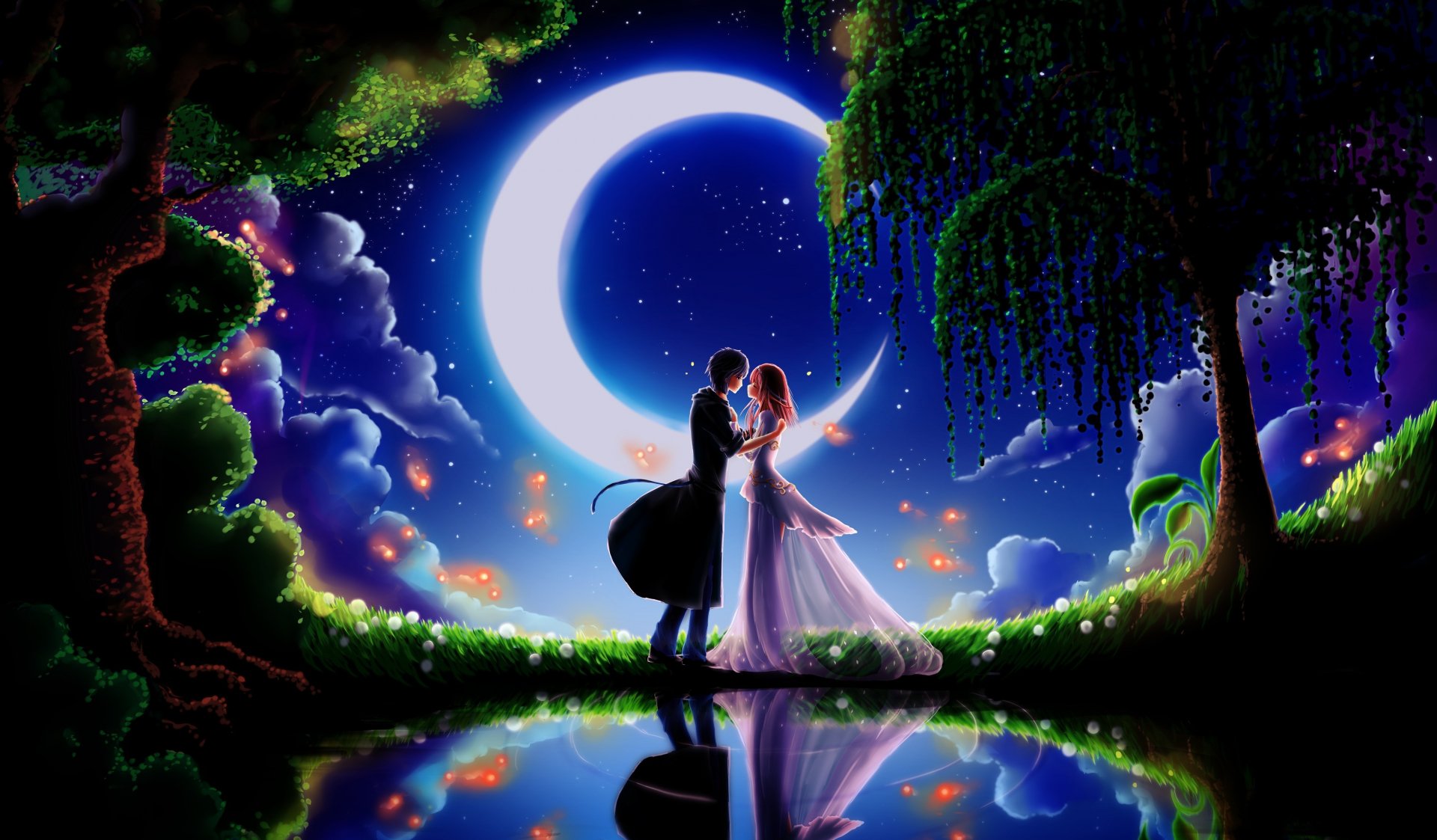 A romantic anime-style image of a couple under a crescent moon, reflecting in a tranquil pond