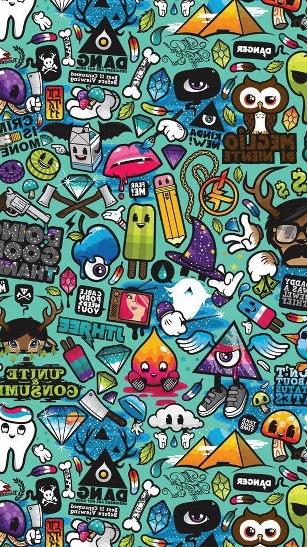 A vibrant and busy wallpaper design for phones, featuring a variety of colorful cartoon characters, objects, and text elements in a graffiti-inspired style
