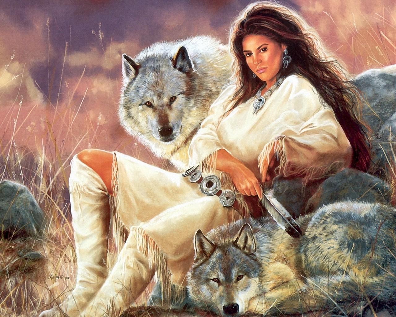 Wolves And Indian Maiden Wallpaper