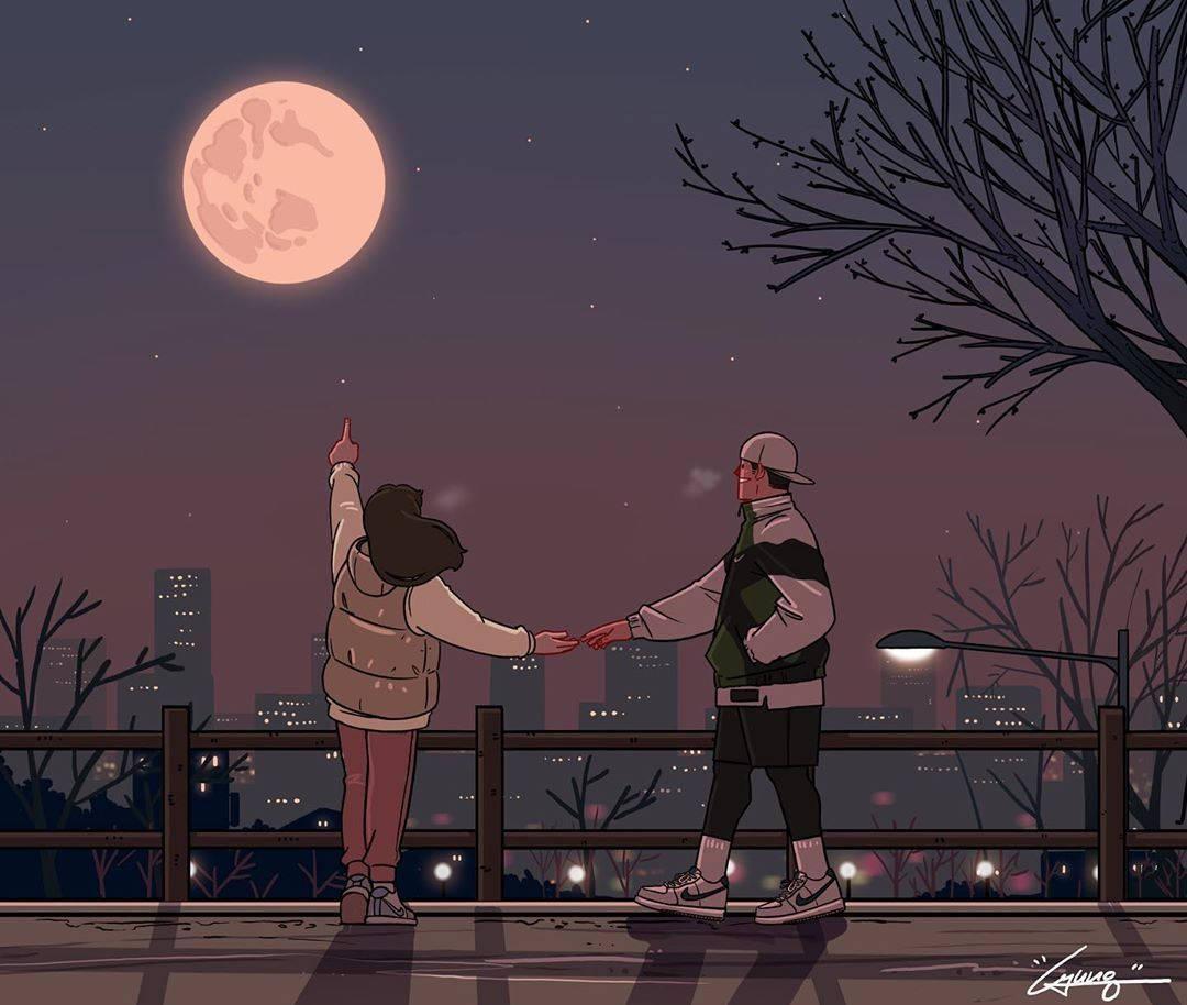 Cute Aesthetic Anime Couple Digital Art Wallpaper
