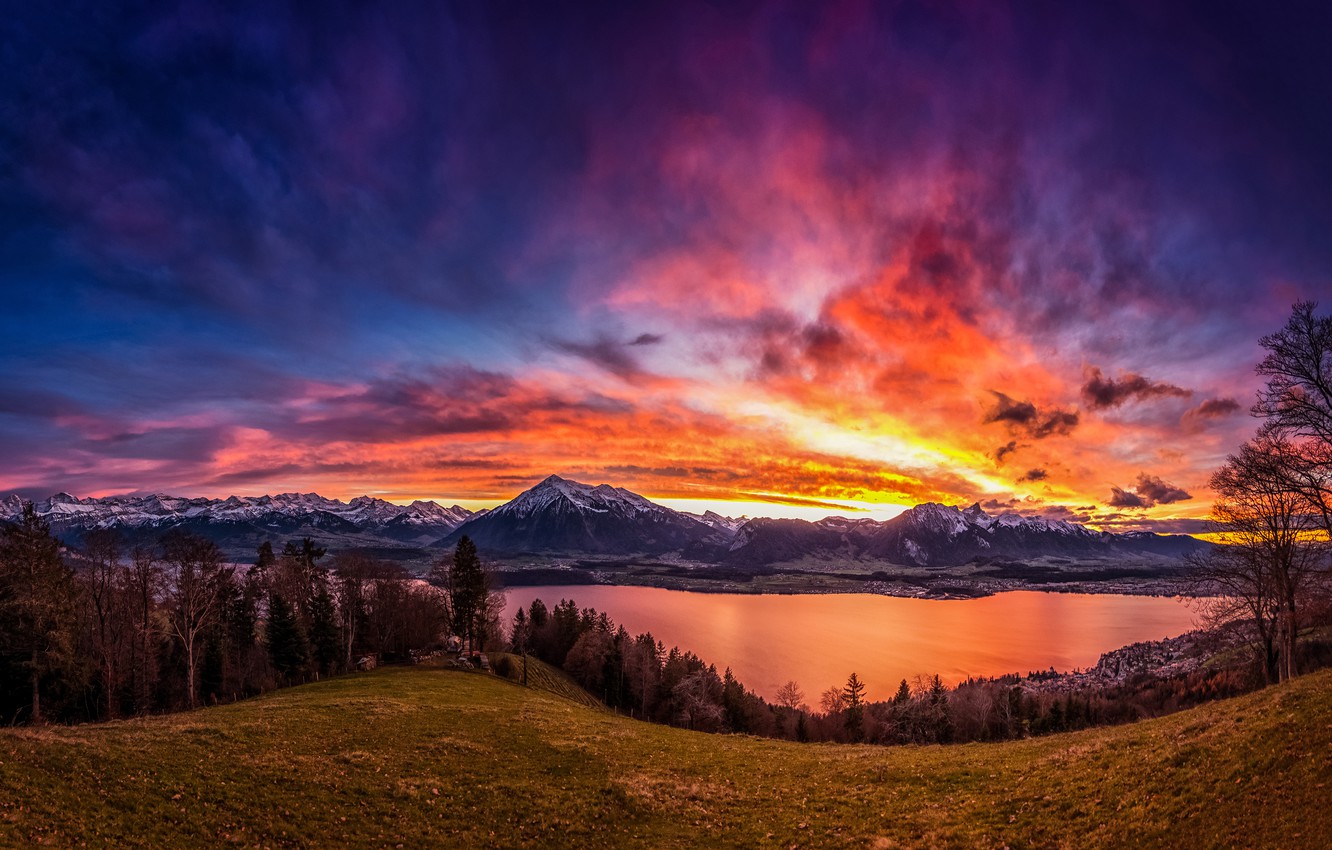 Wallpaper The Sky Trees Sunset Mountains Lake Switzerland