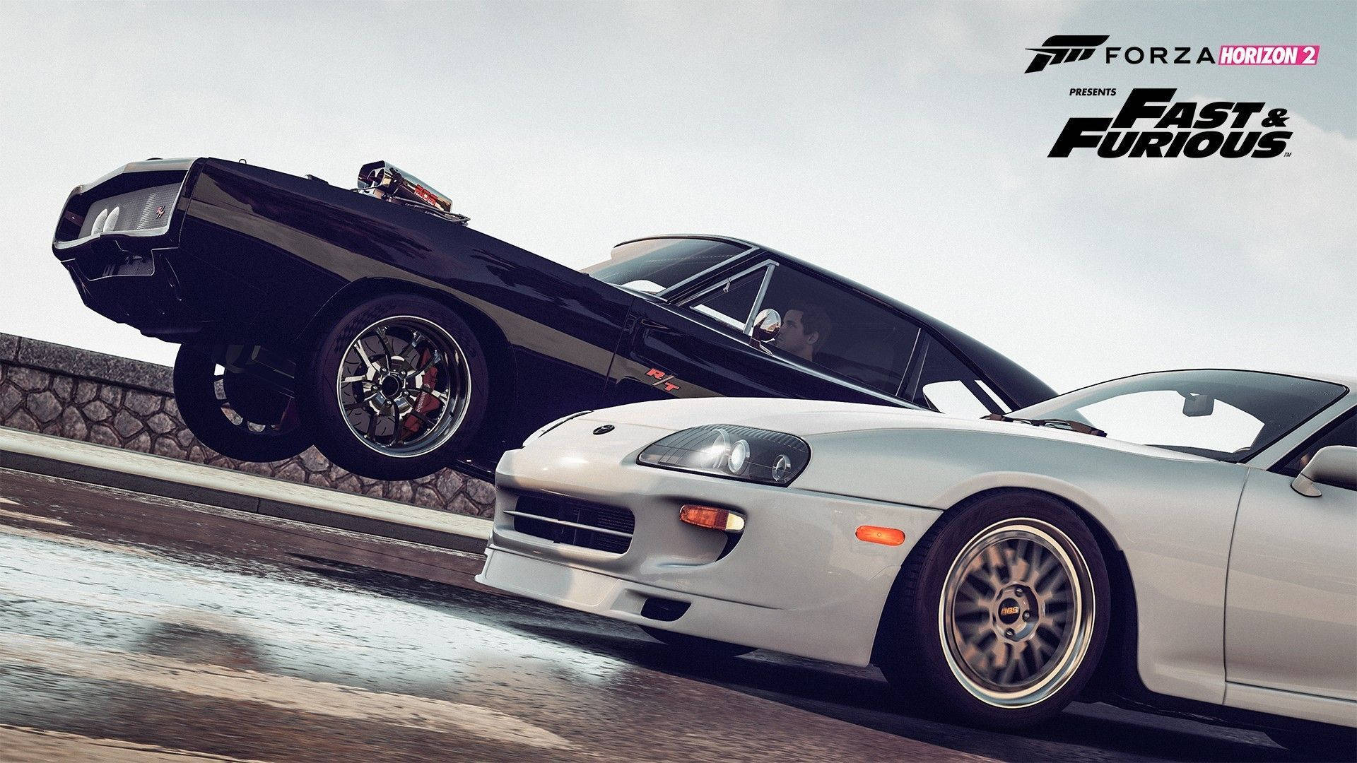 Two cars, a black Dodge Charger and a white Toyota Supra, from the Fast and Furious franchise, in a scene from Forza Horizon 2