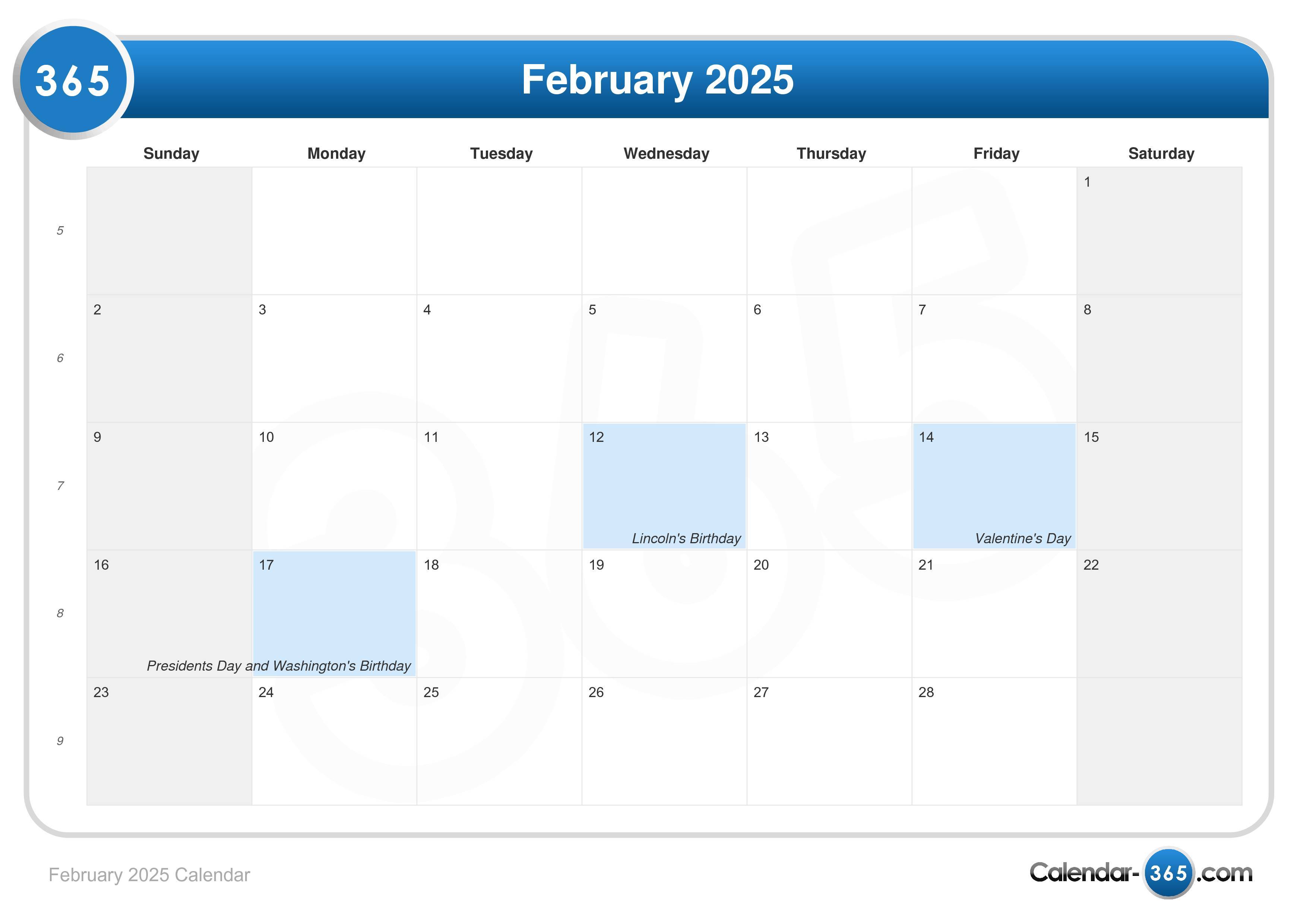 February 2025 Calendar with Highlighted Valentine's Day