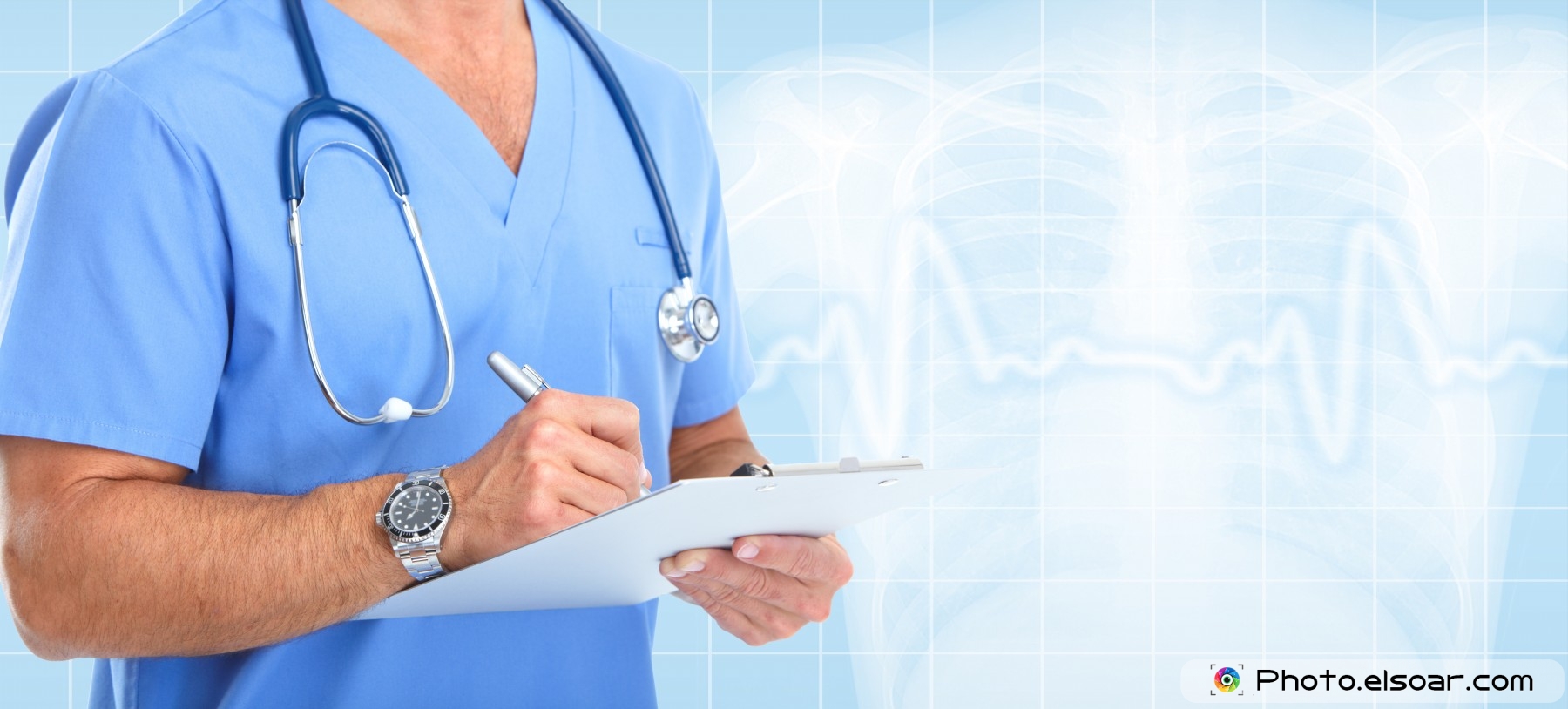 Writing Medical Doctor Over Blue Cardio Background