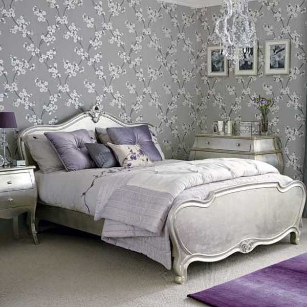 Gray Wallpaper And Carved Wood Bedroom Furniture Decorative Pillows