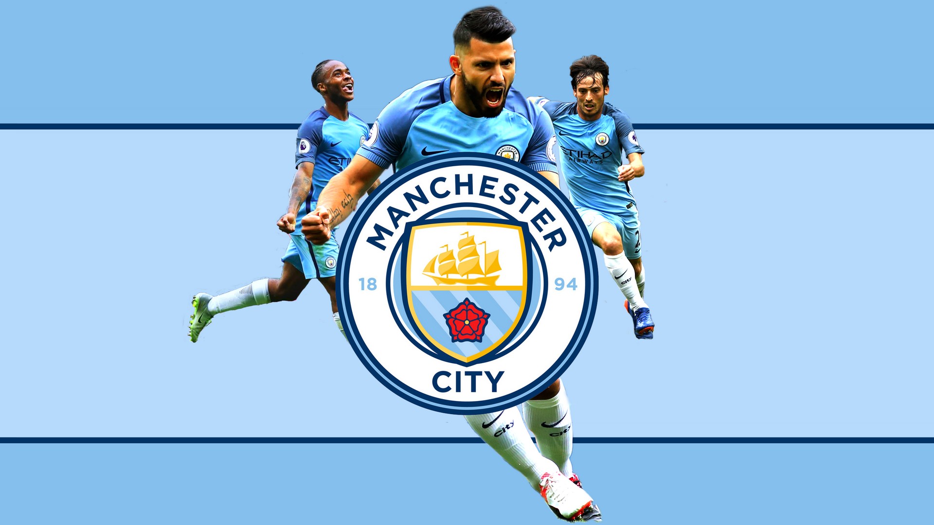 Manchester City players in action with team logo overlay