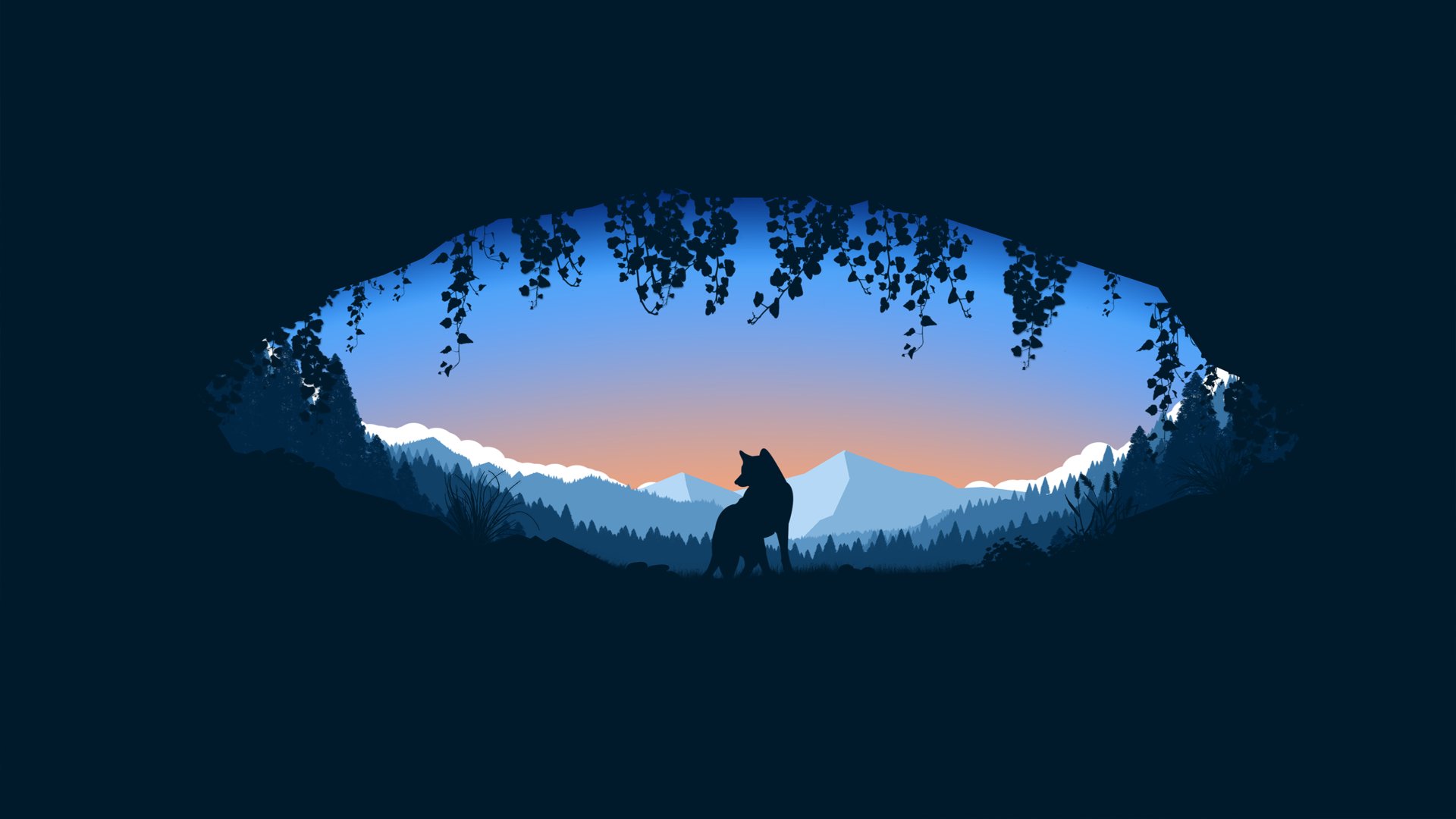 A minimalist HD wallpaper featuring the silhouette of a wolf against a backdrop of a mountain range at sunset, viewed from inside a dark cave with hanging vines