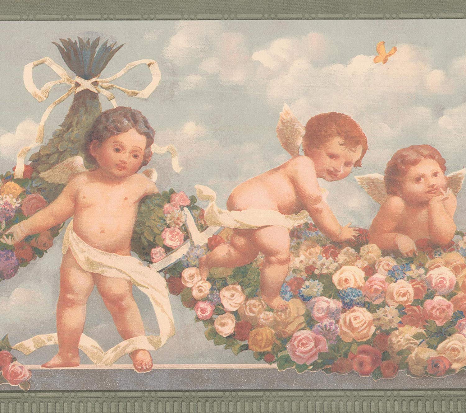 Baby Angels with Colorful Rose Garland Sky Blue Wallpaper Border