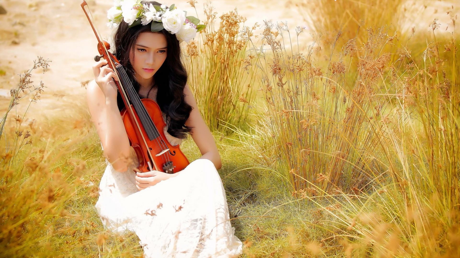 Bride Violin Music Girl In Field HD Wallpaper New