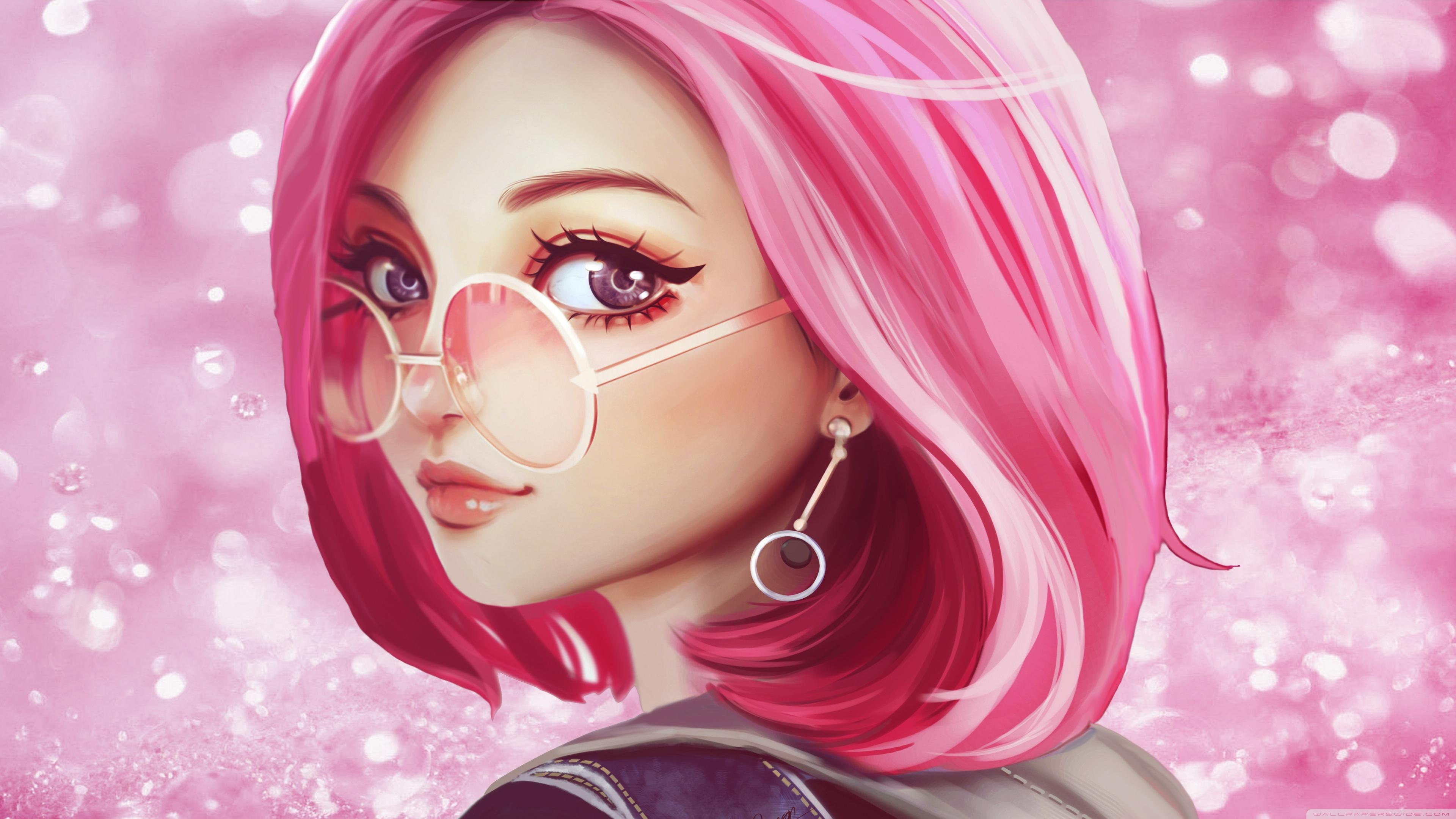 Cute Girl Pink Hair Sunglasses Digital Art Drawing Ultra HD