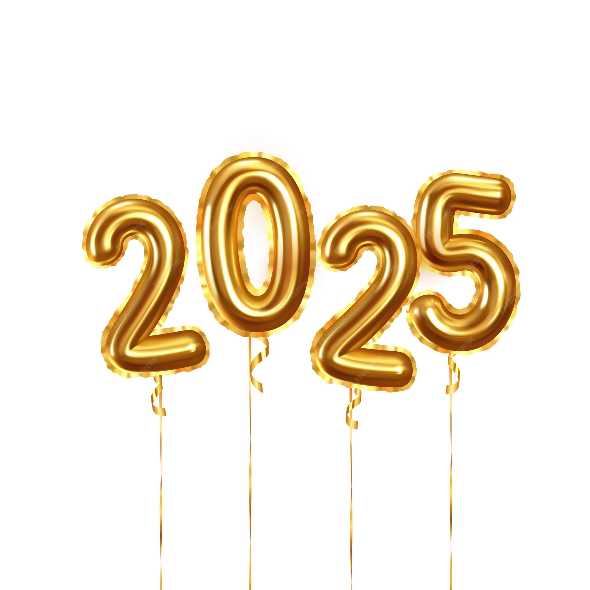 Golden 2025 balloons on a white background, perfect for New Year's celebrations