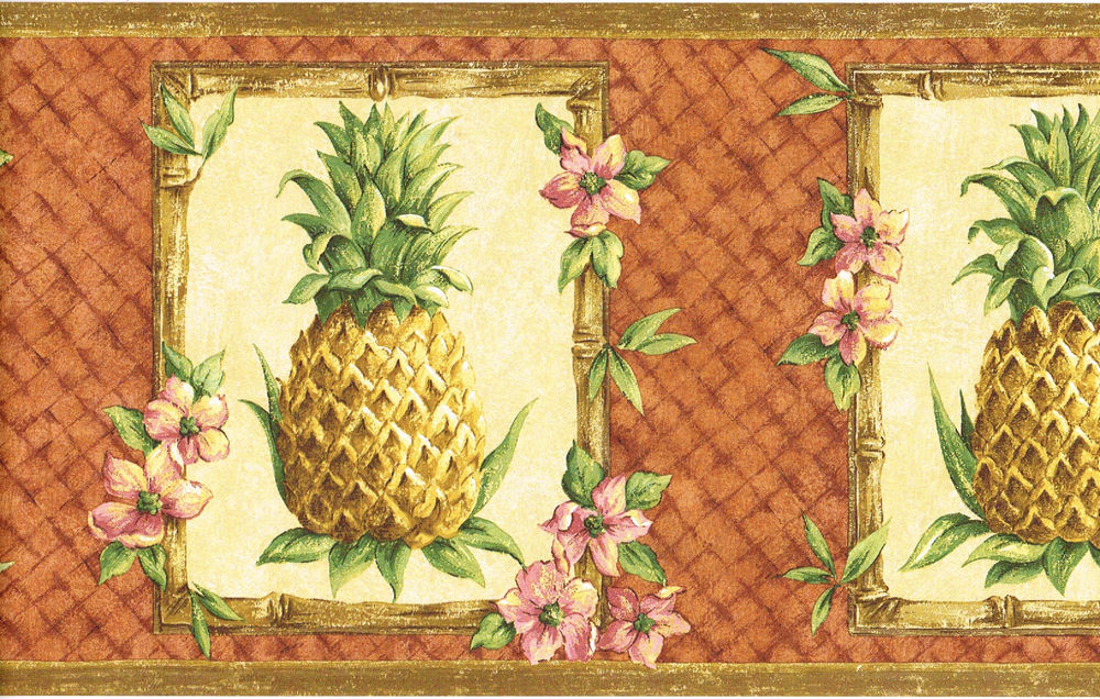 Tropical Flower Pineapple Bamboo Weave Frame Golden Orange Wall Paper