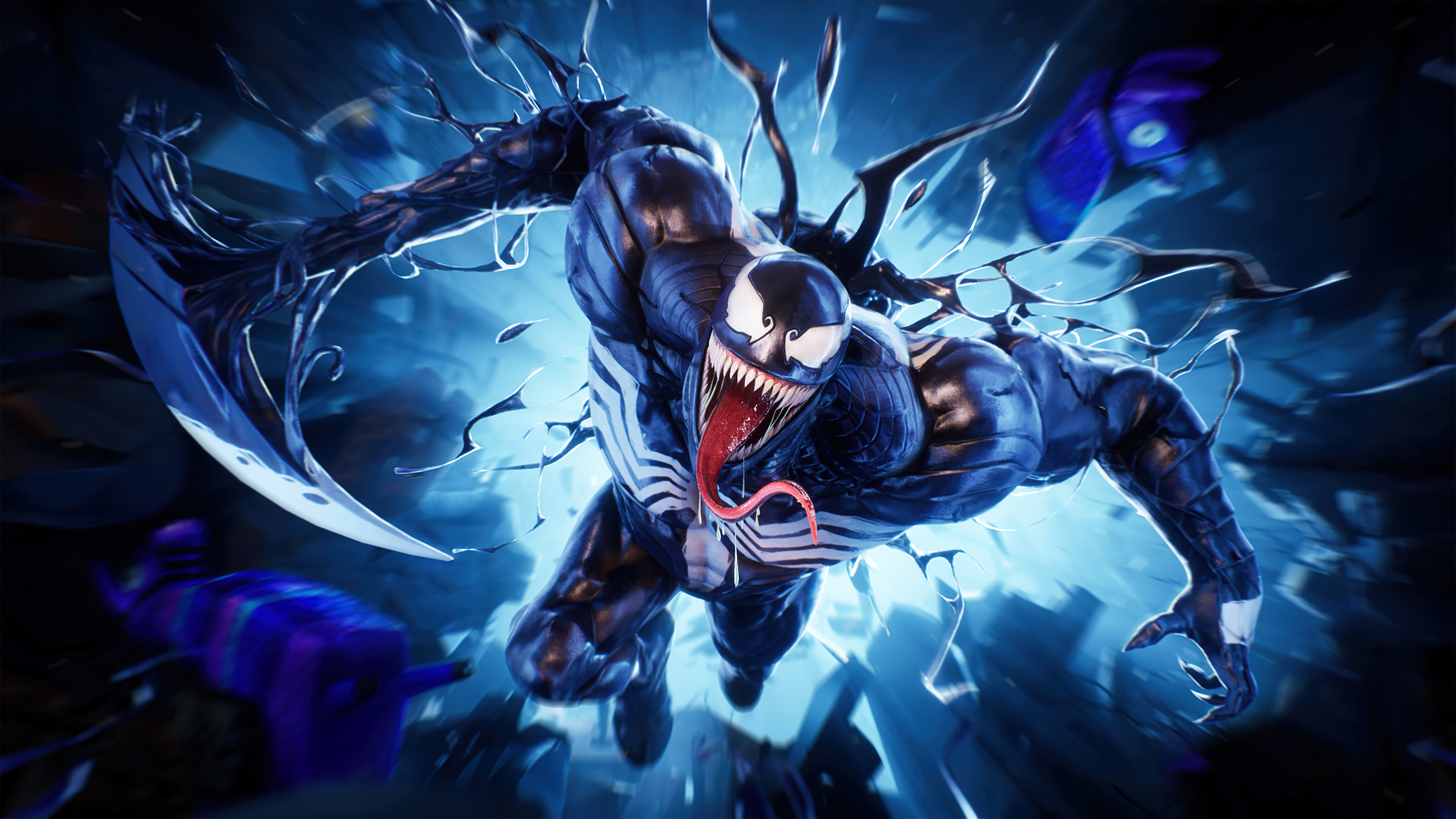 Venom from Marvel Comics lunging forward against a vibrant blue backdrop