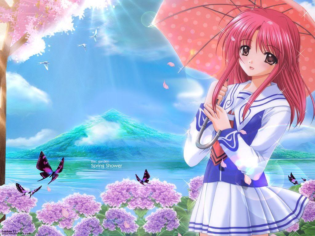 A cute anime girl with pink hair holding a polka dot umbrella, standing in a vibrant spring garden with butterflies and a tranquil lake view