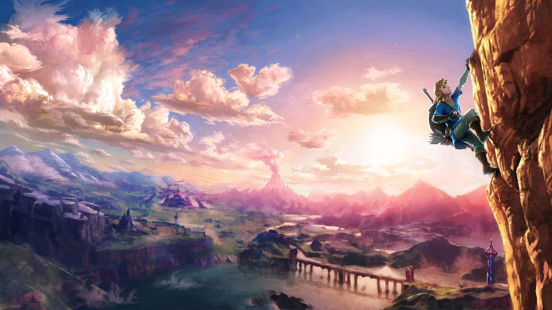 Link climbing a cliff overlooking Hyrule at sunset in The Legend of Zelda: Breath of the Wild