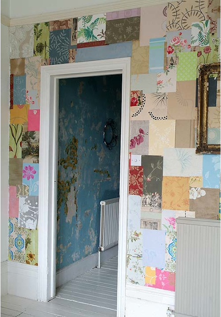 Wallpaper samples patchwork wall via Little Blue Deer
