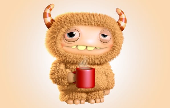 3d funny monster cartoon cute monster character morning coffee