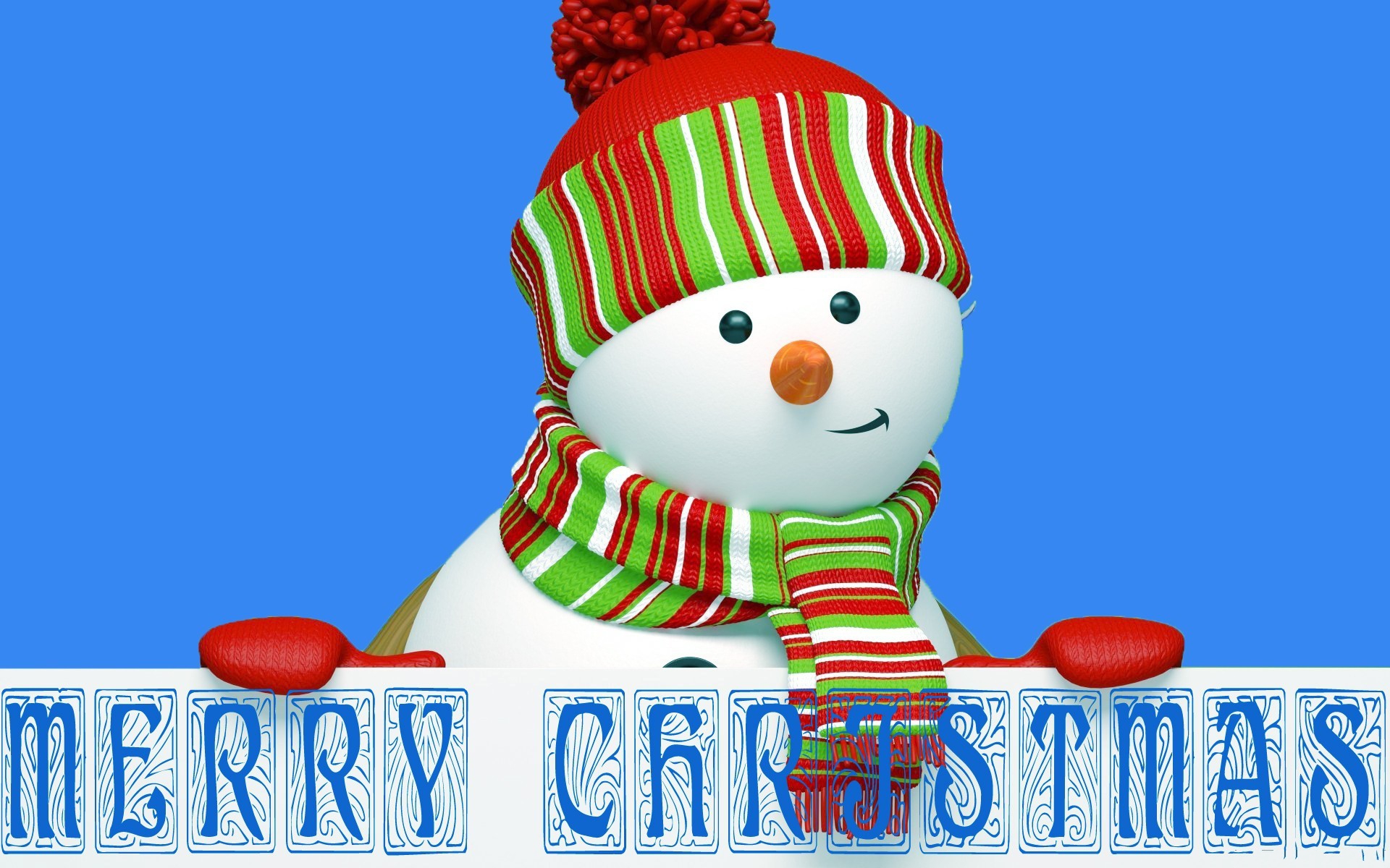 3D Snowman with Merry Christmas Sign on Blue Background