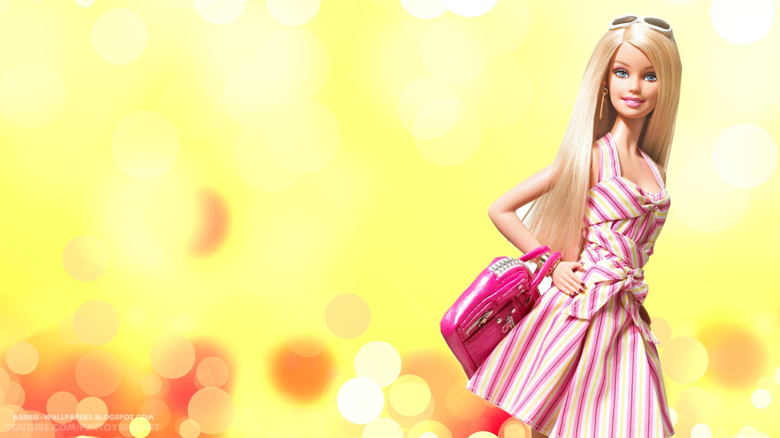 Barbie doll wearing a striped summer dress and sunglasses, carrying a pink purse, against a bright yellow bokeh background