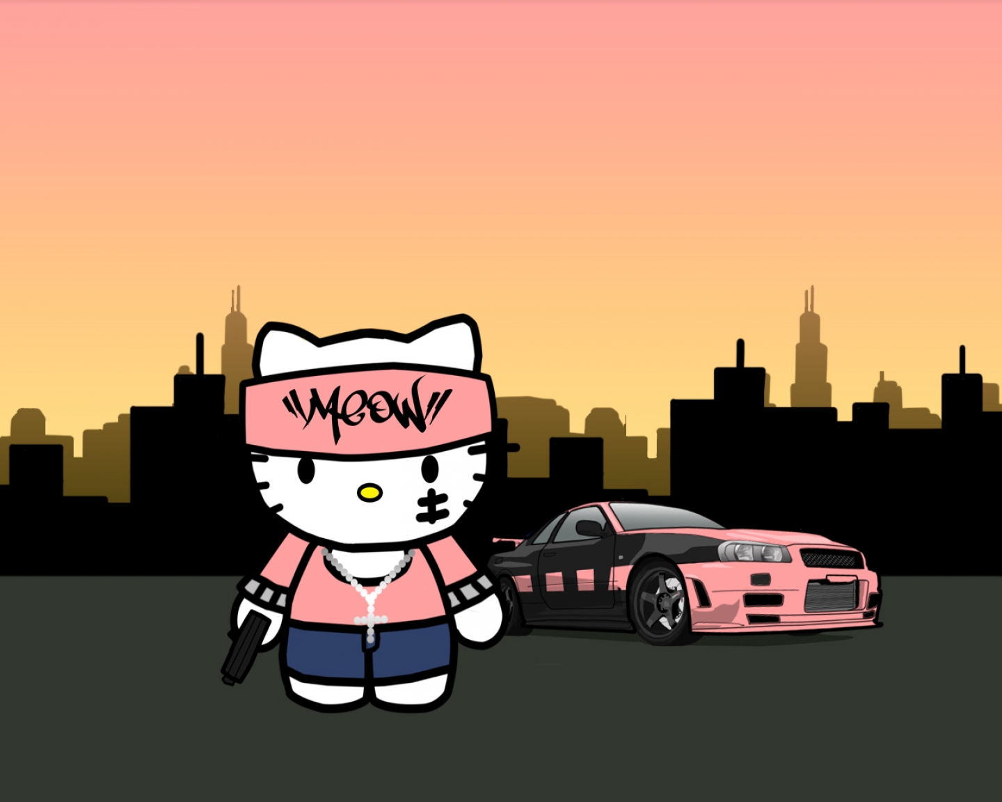 A cartoon depiction of Hello Kitty as a gang member, holding a gun and standing next to a stylized car in front of a cityscape