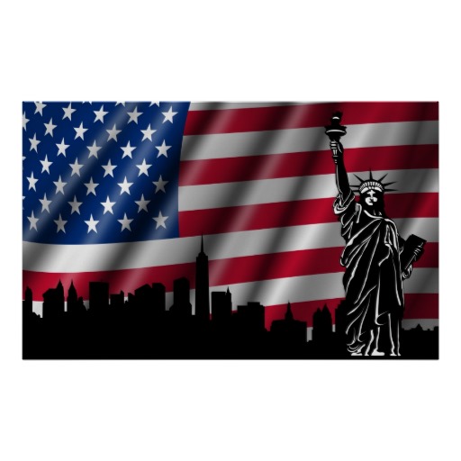 New York Skyline With American Flag Background Pos Posters