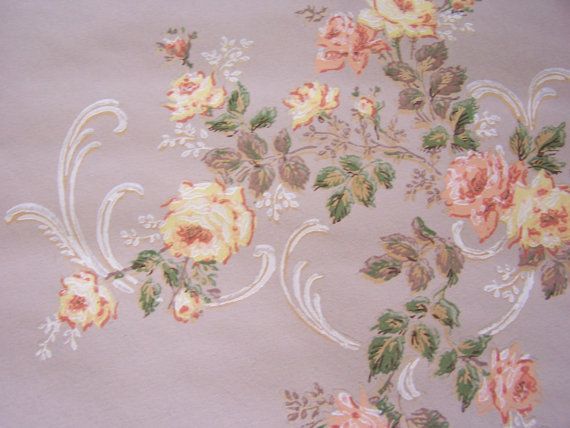 Wallpaper Yellow Roses French Cottage Peach Scroll Work