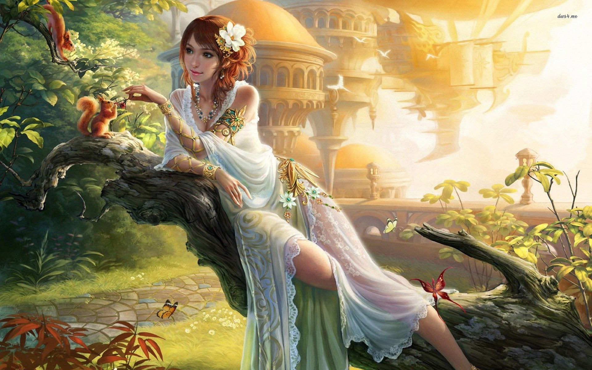 Fairy Sitting On A Tree Trunk Fantasy Wallpaper