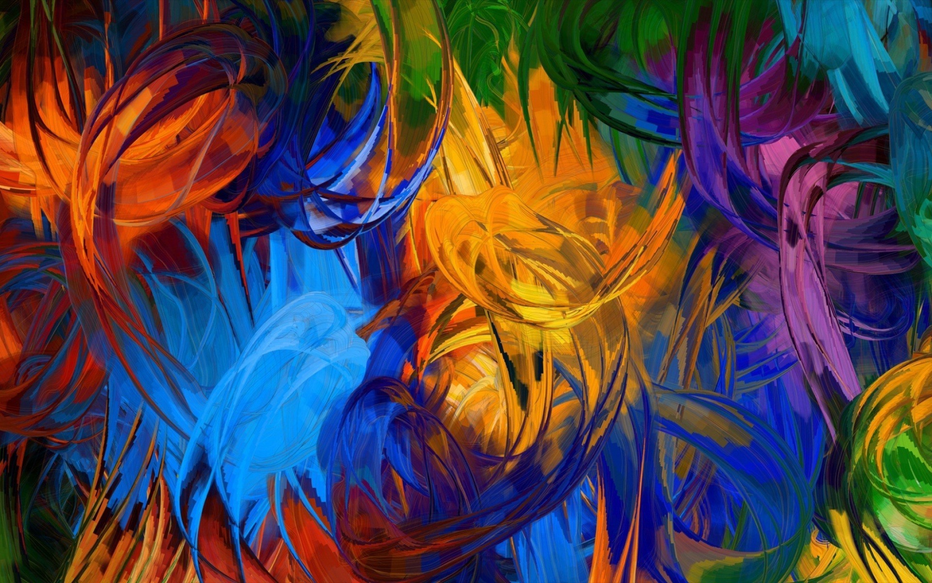 A vibrant abstract painting with swirling brushstrokes of orange, blue, yellow, green, and purple
