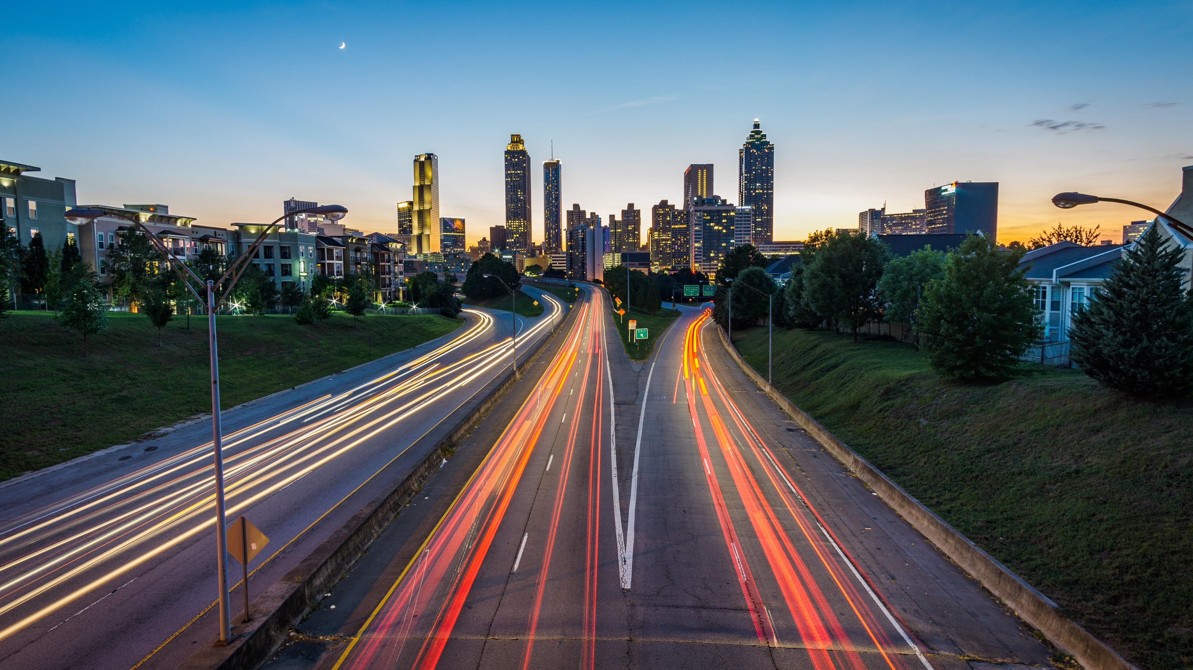 Wallpaper Atlanta Usa Road Skyscrapers Lights City Dusk