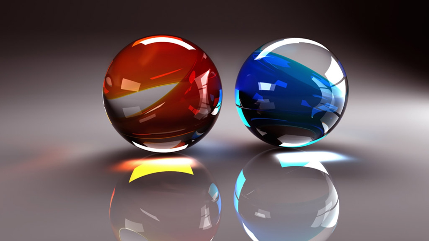 3D Render of Two Glass Marbles, One Red and One Blue, on a Reflective Surface