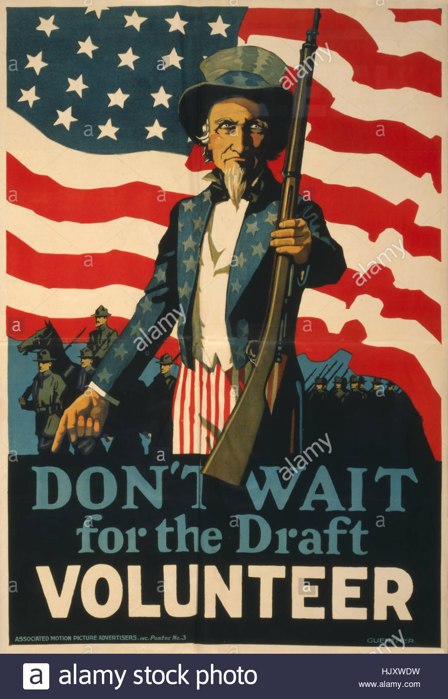Uncle Sam Offering Rifle With American Flag And Troops In