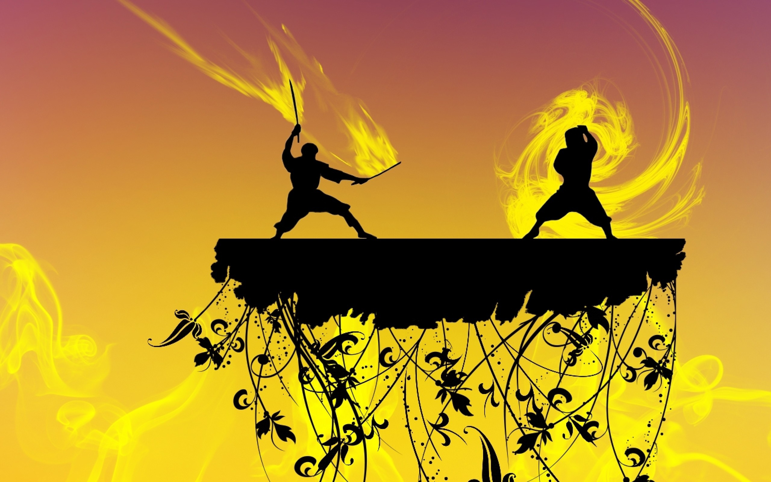 Silhouettes of two martial artists in fighting stances on a decorative platform, against a vibrant yellow and purple backdrop
