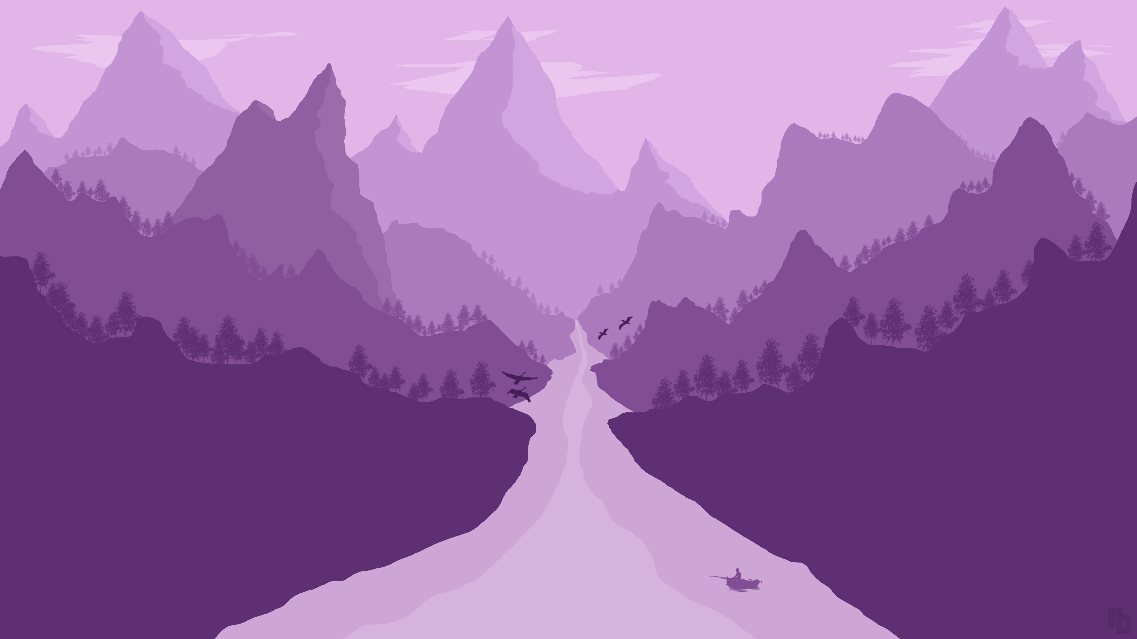 A minimalist purple landscape with a river flowing through mountains and a lone boat