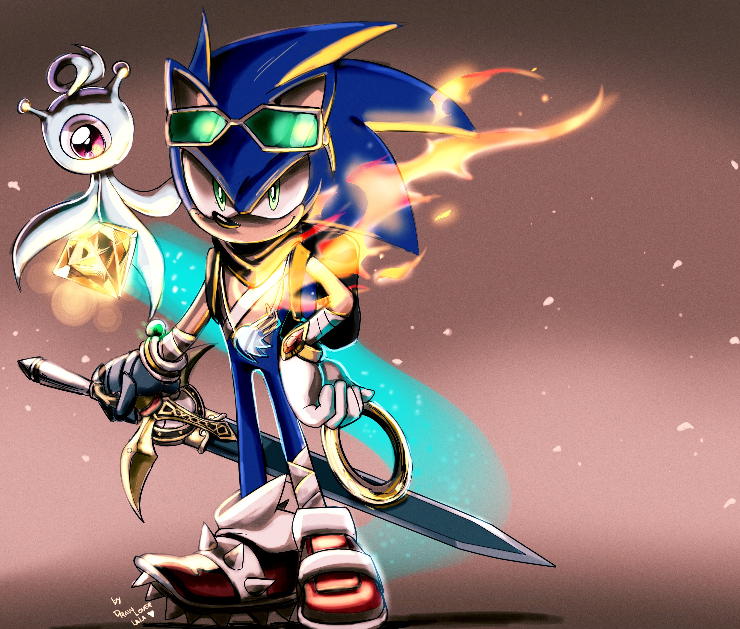 A dynamic illustration of Sonic the Hedgehog in a heroic pose, wielding a sword and accompanied by a Wisp, set against a vibrant background