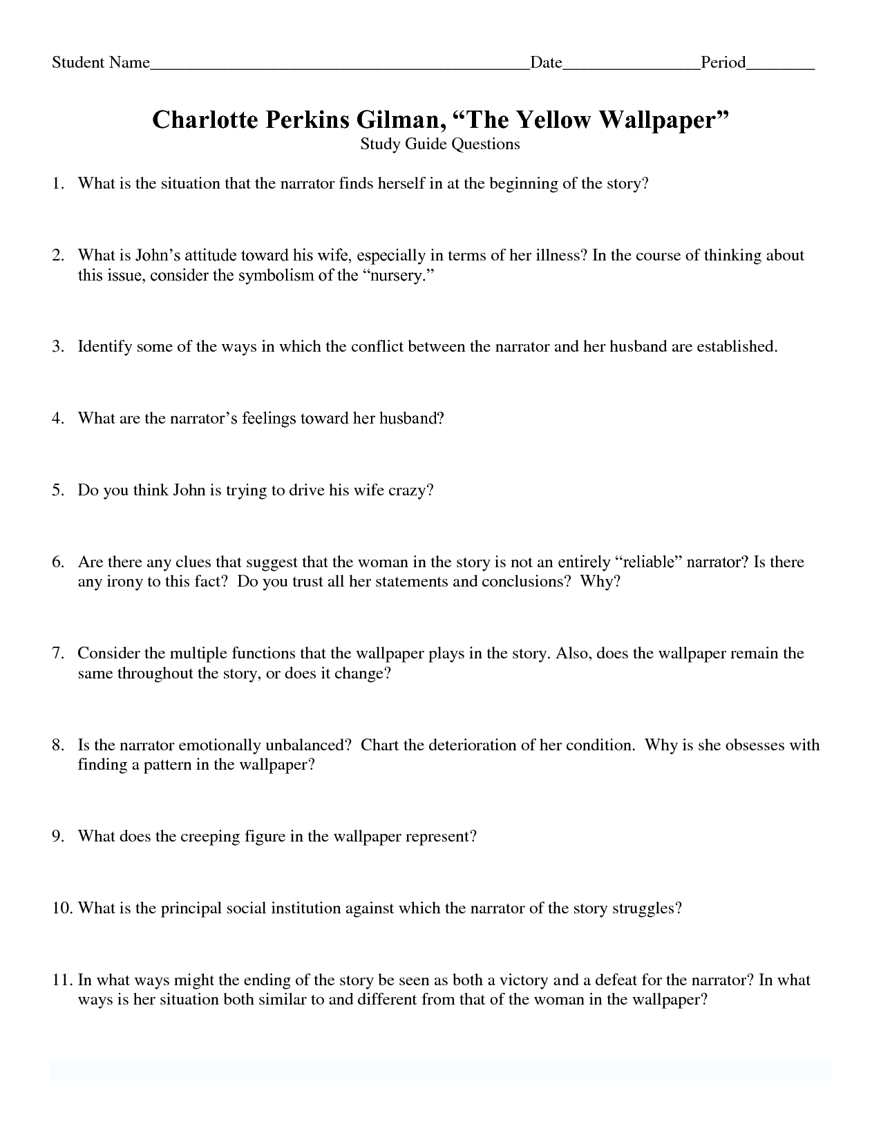 Charlotte Perkins Gilman The Yellow Wallpaper Questions by Electric  English