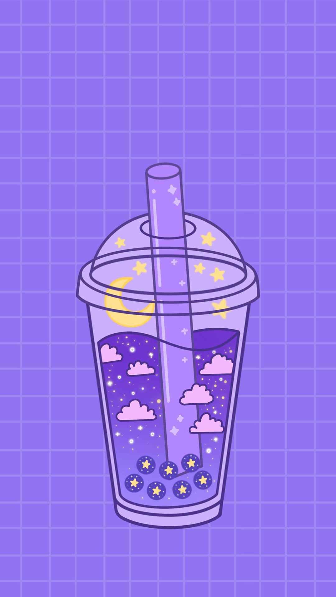 A whimsical illustration of a boba drink against a purple grid background. The drink is filled with a purple liquid, stars, clouds, and a crescent moon, giving it a dreamy, night sky appearance