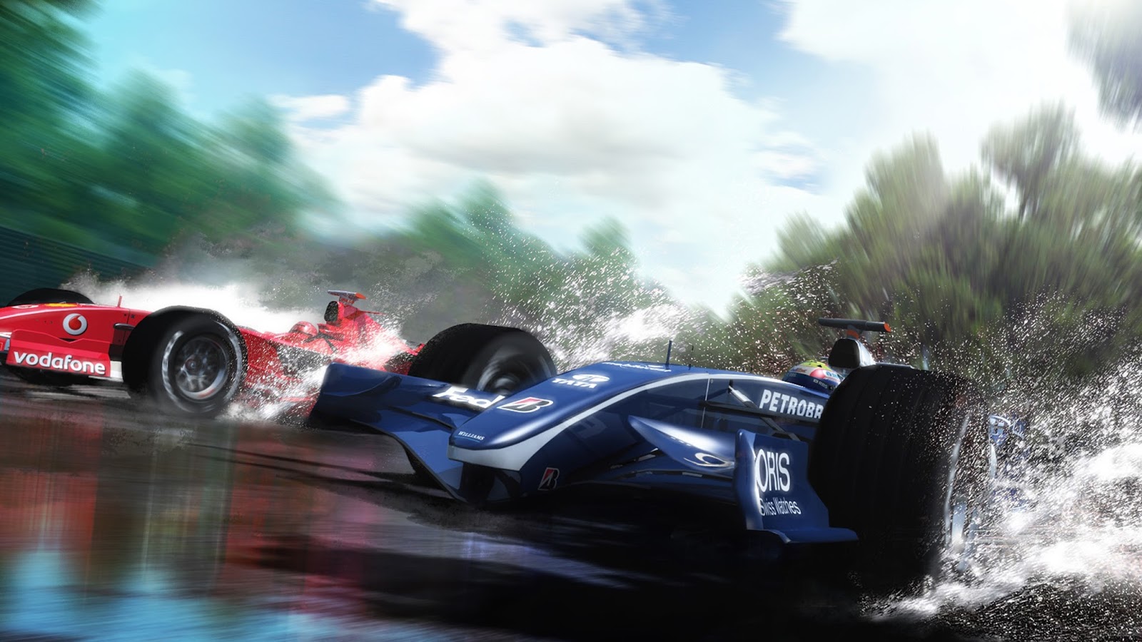 Formula F1 Cars Racing Clouds Trees HD Wallpaper Background