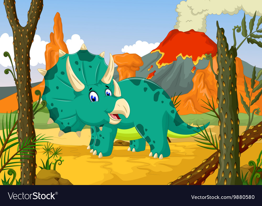 Triceratops Cartoon With Volcano Background Vector Image